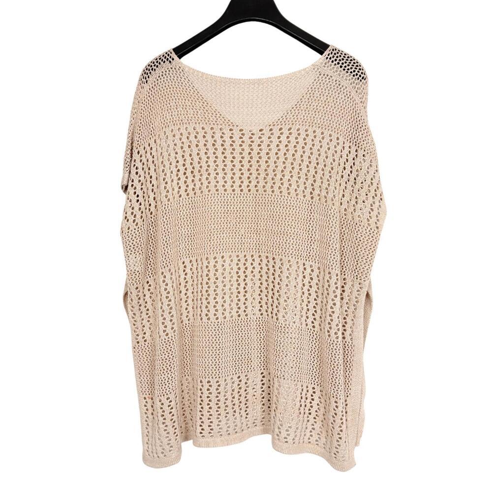 Tan Open Knit Block Lightweight V-Neck Oversized Reversible Short Sleeve Poncho - Picture 1 of 6
